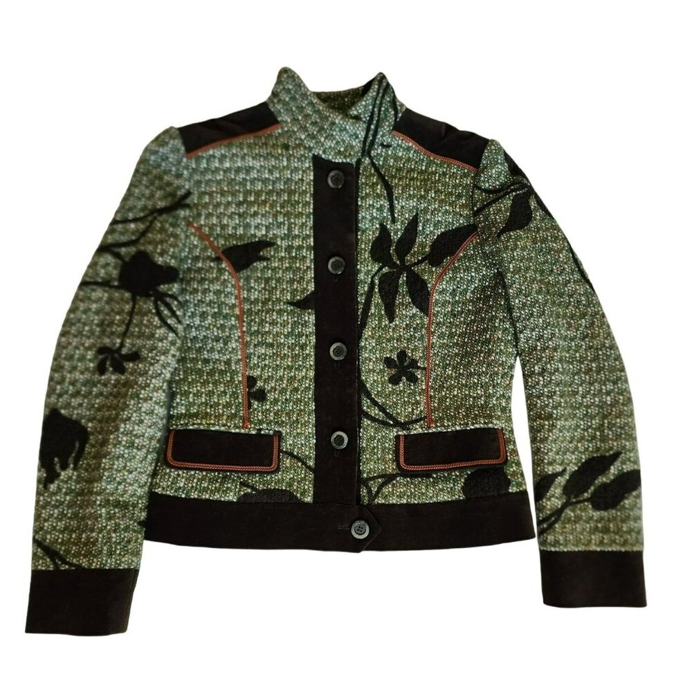 Otti Zen High Neck Button Front Faux Pockets Tweed Jacket Green/Black Small - Picture 2 of 12